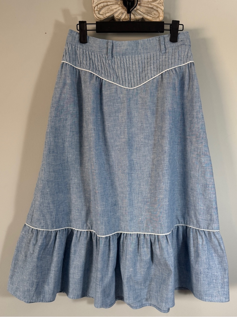 Vintage 70s 80s Tem Tex Western Prairie Skirt Chambray Blue Ruffle Maxi 28” W - Picture 5 of 14